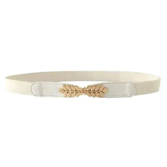 Thin Elastic Stretch Women Buckle Skinny Fashion Belts Metal Leaf Buckle Design Belts For Ladies Stevvex