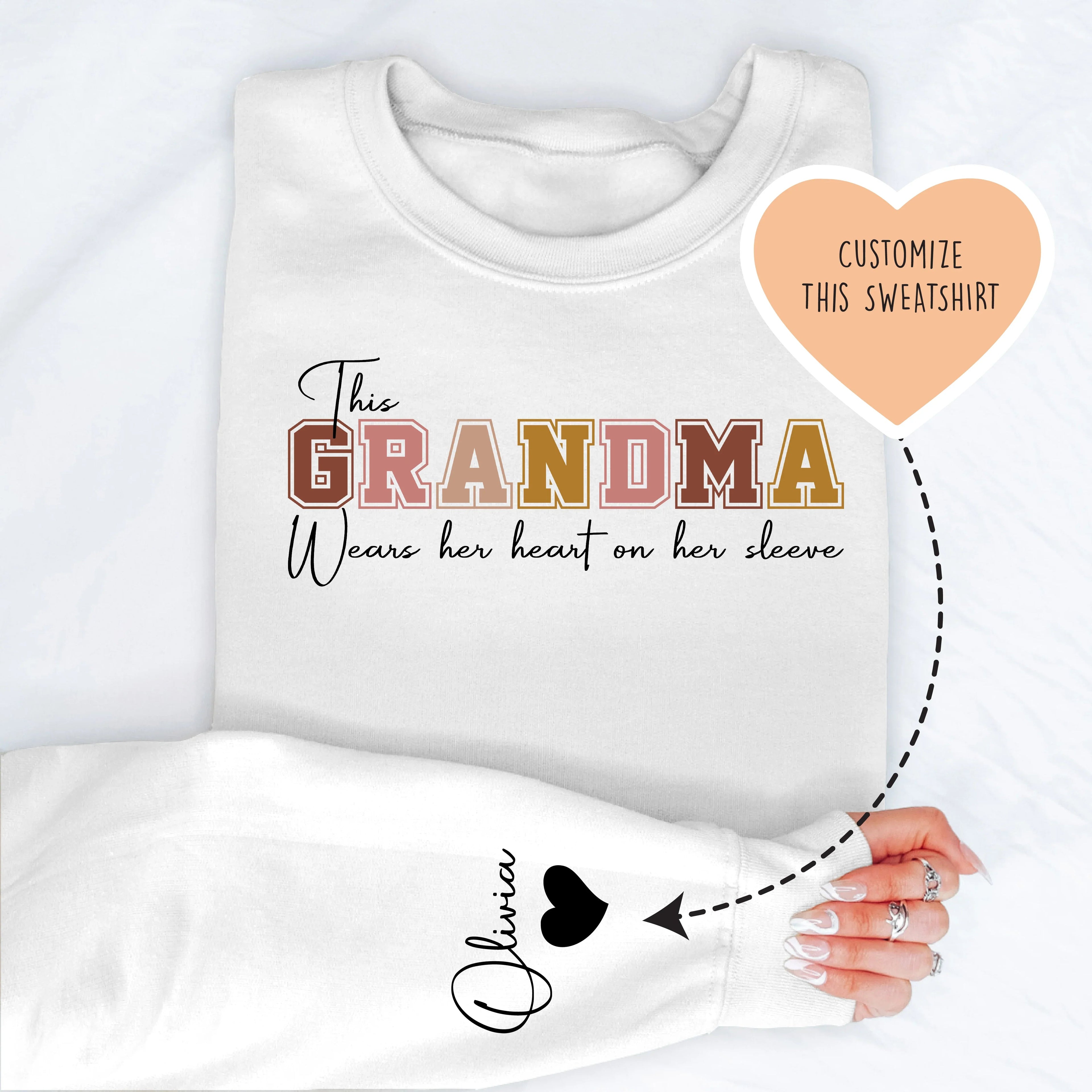 This Grandma Wears Her Heart On Her Sleeve Custom Sweatshirt Peachy Sunday