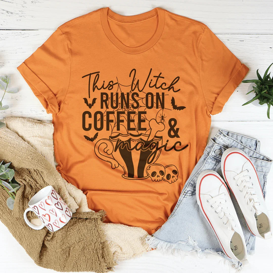 This Witch Runs On Coffee & Magic Tee Peachy Sunday