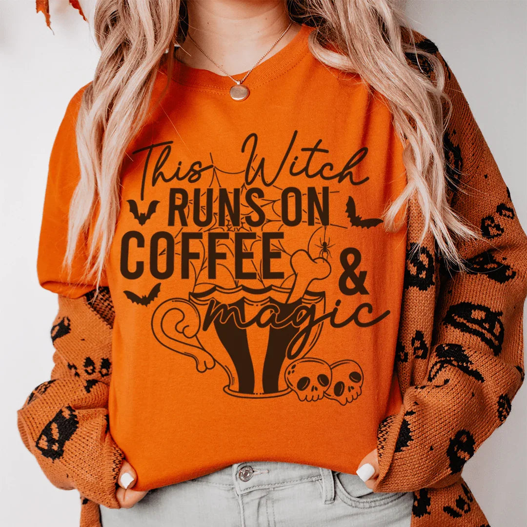 This Witch Runs On Coffee & Magic Tee Peachy Sunday