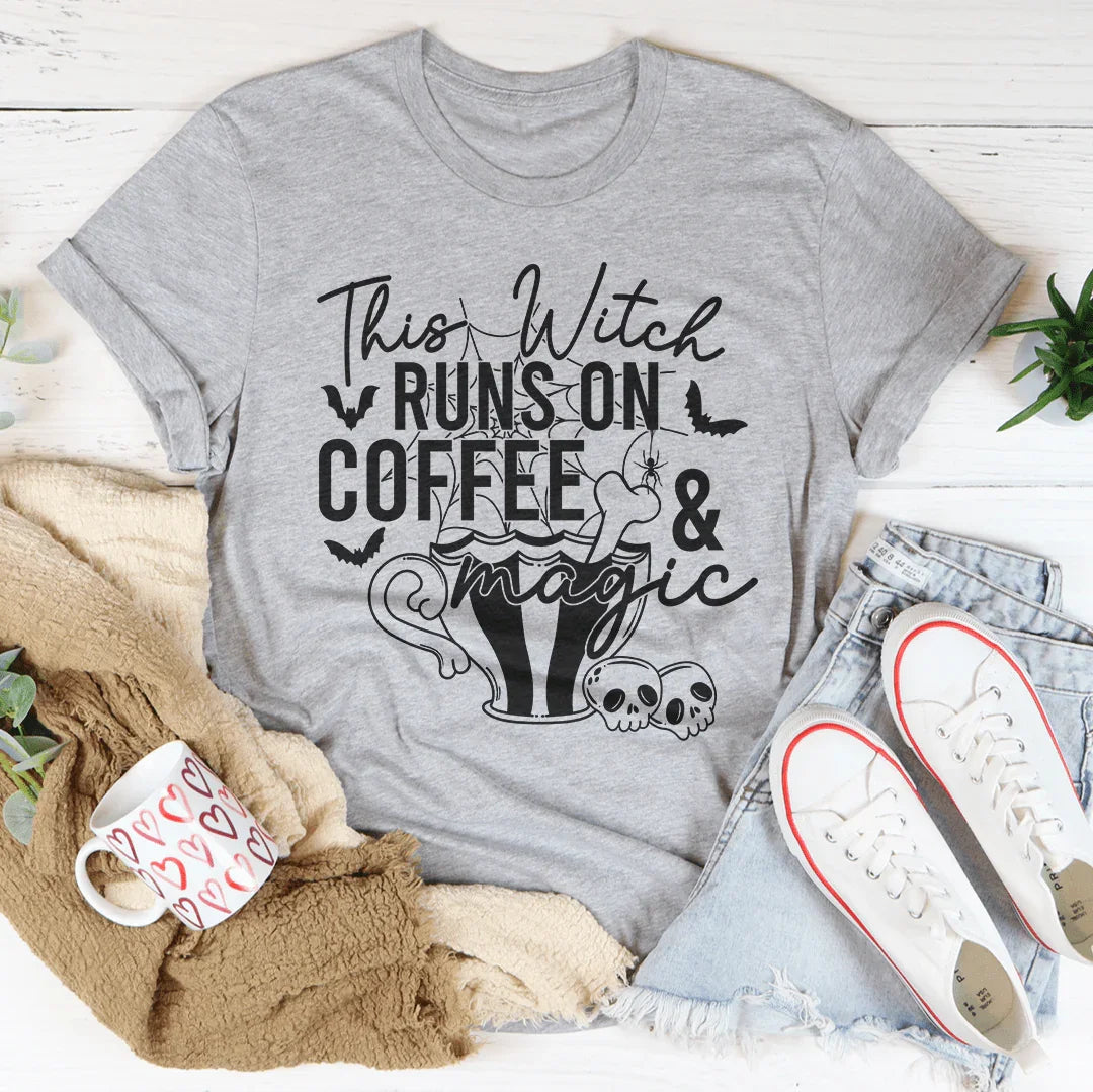 This Witch Runs On Coffee & Magic Tee Peachy Sunday