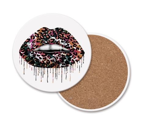 Tie Dye Leopard Lip Coaster Single Drink Coaster Animal Print Vibrant Tie Dye Table Accent BandsCo Straps