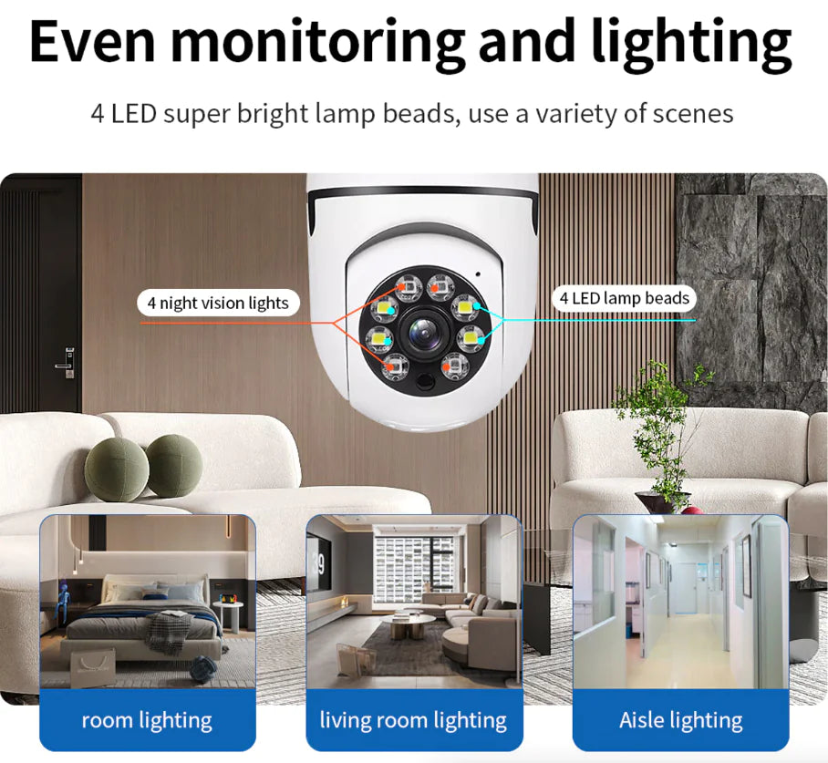 360° 1080P IP E27 Light Bulb Camera Wi-Fi IR Night Smart Home Wireless Security Pi-Mart