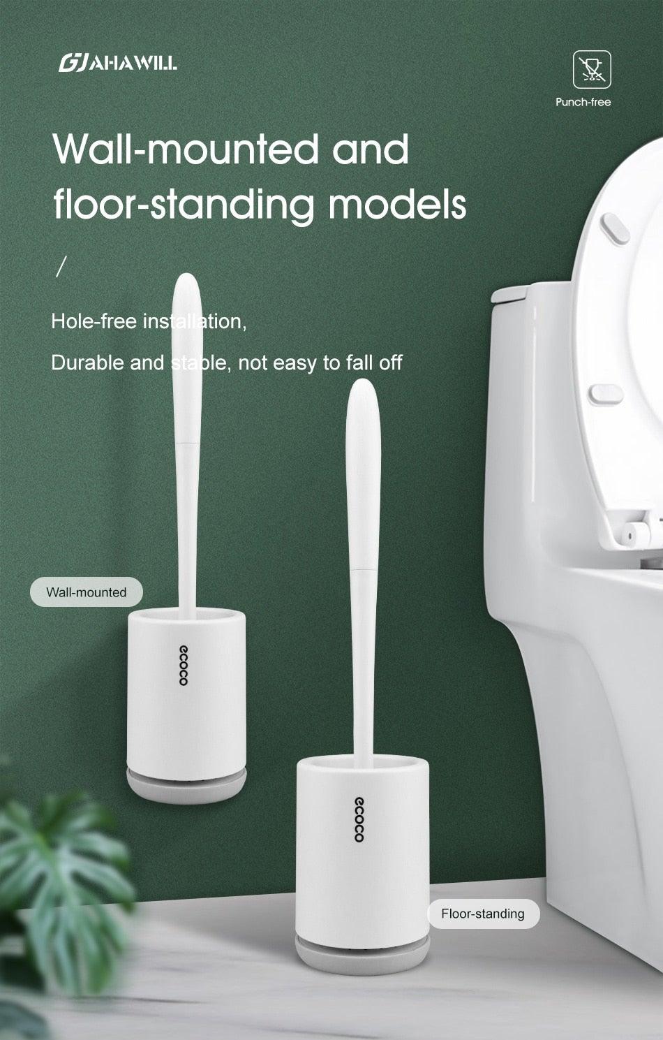 Toilet Brush and Holder Set No Dead Corners Wall-Mounted Toilet Brush Bathroom Accessories Set Toilet Brush And Bracket Set Non Slip Long Handle Soft Silicone Bristles Flexible Toilet Brush Head Wall-Mounted Drip-Proof Stevvex