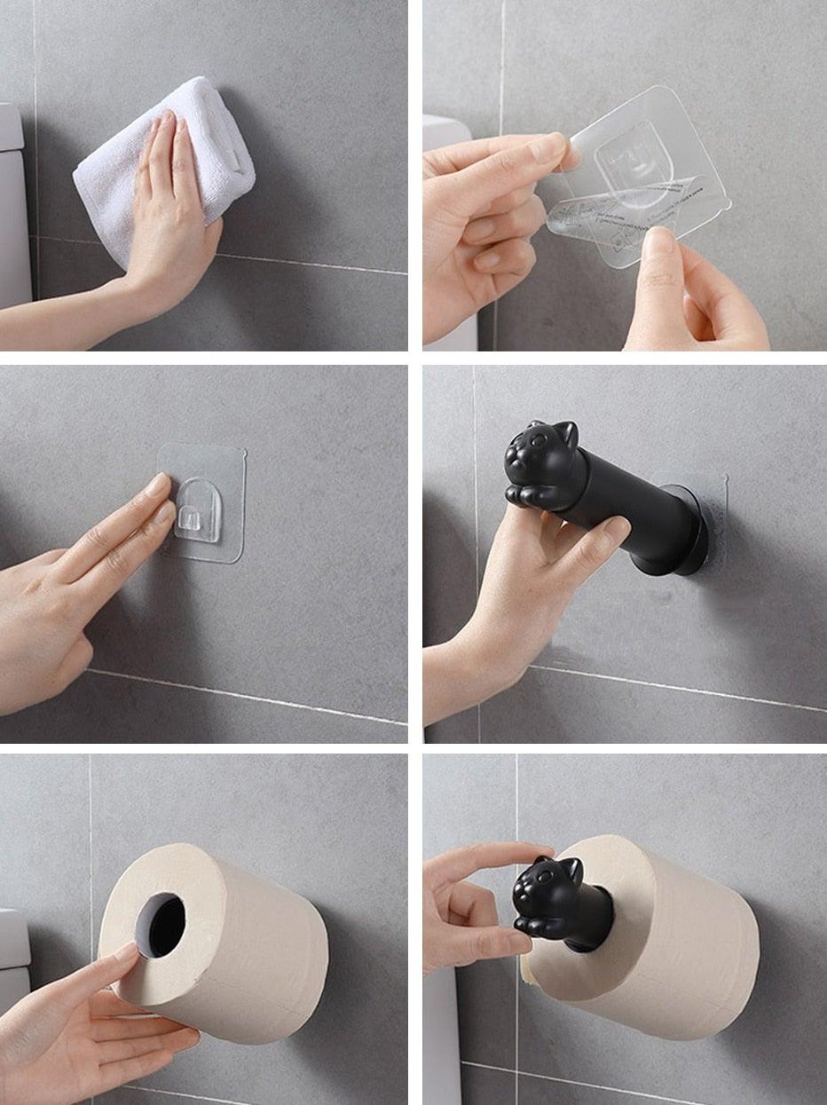 Toilet Paper Holder Cat Kitchen Roll Holder Adhesive Wall Towel Rack Creative Bathroom Tissue Hanger Paper Towel Holder Toliet Paper Holder Stevvex