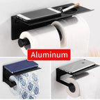 Toilet Paper Holder Phone Bathroom Roll Holder Aluminum Paper Holder with Shelf Black Double Paper Towel Holder Wall Mount Tissue Roll Hanger With Storage Shelf Space Aluminum Self Adhesive With Glue Wall Mount With Screws Stevvex