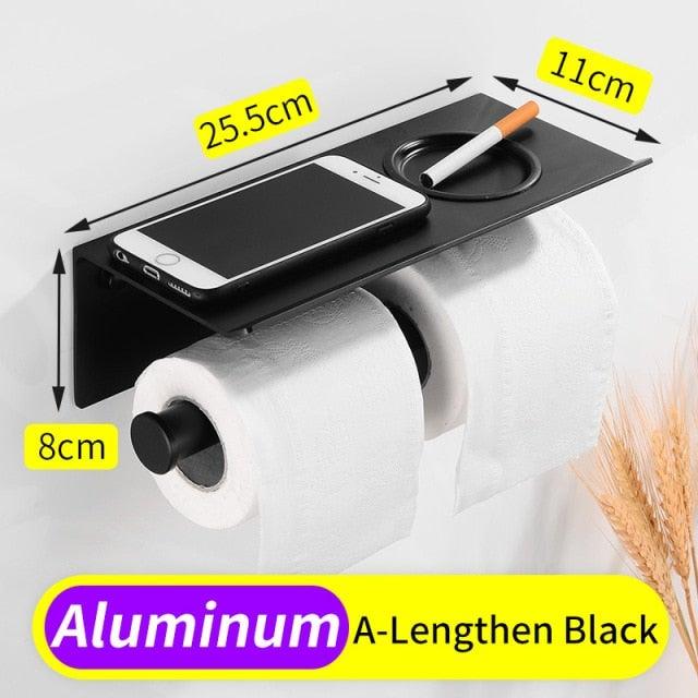 Toilet Paper Holder Phone Bathroom Roll Holder Aluminum Paper Holder with Shelf Black Double Paper Towel Holder Wall Mount Tissue Roll Hanger With Storage Shelf Space Aluminum Self Adhesive With Glue Wall Mount With Screws Stevvex