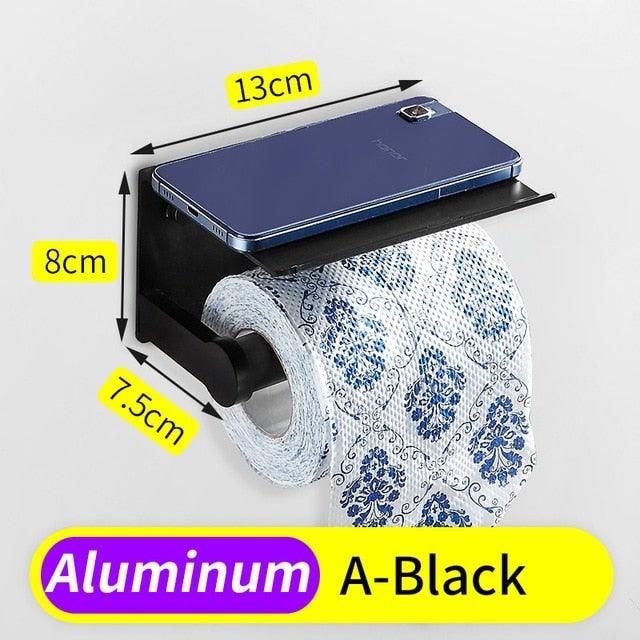 Toilet Paper Holder Phone Bathroom Roll Holder Aluminum Paper Holder with Shelf Black Double Paper Towel Holder Wall Mount Tissue Roll Hanger With Storage Shelf Space Aluminum Self Adhesive With Glue Wall Mount With Screws Stevvex