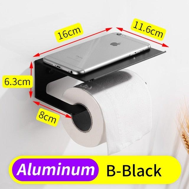 Toilet Paper Holder Phone Bathroom Roll Holder Aluminum Paper Holder with Shelf Black Double Paper Towel Holder Wall Mount Tissue Roll Hanger With Storage Shelf Space Aluminum Self Adhesive With Glue Wall Mount With Screws Stevvex