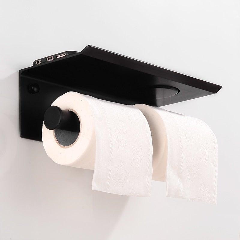 Toilet Paper Holder Phone Bathroom Roll Holder Aluminum Paper Holder with Shelf Black Double Paper Towel Holder Wall Mount Tissue Roll Hanger With Storage Shelf Space Aluminum Self Adhesive With Glue Wall Mount With Screws Stevvex