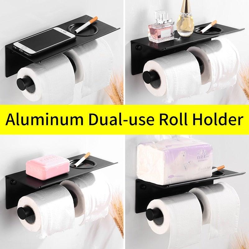 Toilet Paper Holder Phone Bathroom Roll Holder Aluminum Paper Holder with Shelf Black Double Paper Towel Holder Wall Mount Tissue Roll Hanger With Storage Shelf Space Aluminum Self Adhesive With Glue Wall Mount With Screws Stevvex