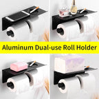 Toilet Paper Holder Phone Bathroom Roll Holder Aluminum Paper Holder with Shelf Black Double Paper Towel Holder Wall Mount Tissue Roll Hanger With Storage Shelf Space Aluminum Self Adhesive With Glue Wall Mount With Screws Stevvex