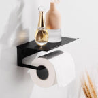Toilet Paper Holder Phone Bathroom Roll Holder Aluminum Paper Holder with Shelf Black Double Paper Towel Holder Wall Mount Tissue Roll Hanger With Storage Shelf Space Aluminum Self Adhesive With Glue Wall Mount With Screws Stevvex