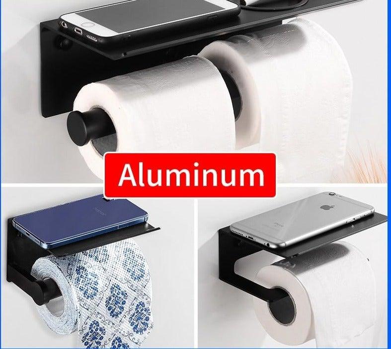 Toilet Paper Holder Phone Bathroom Roll Holder Aluminum Paper Holder with Shelf Black Double Paper Towel Holder Wall Mount Tissue Roll Hanger With Storage Shelf Space Aluminum Self Adhesive With Glue Wall Mount With Screws Stevvex