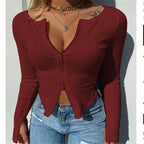 Top fashion Women Ribbed Knitted Long Sleeve Elegant Cute Fashion Crop Tops for Summer