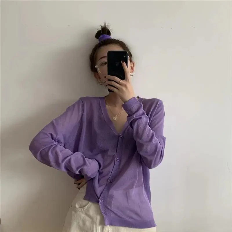 Cardigan For Women Long Sleeve Cardigan Summer Cropped Cardigan Knitted V neck Thin Ice Silk Sweaters Sunscreen Shirt Tops Stevvex
