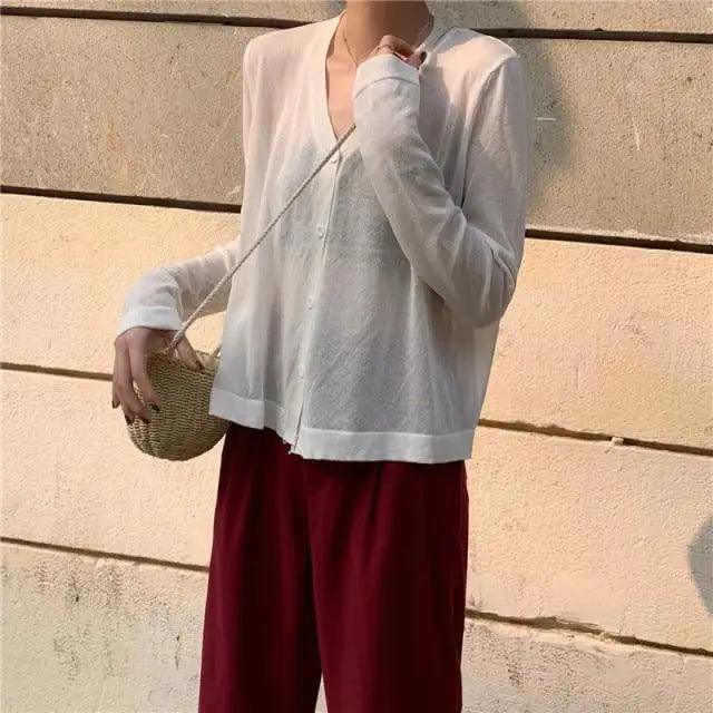 Cardigan For Women Long Sleeve Cardigan Summer Cropped Cardigan Knitted V neck Thin Ice Silk Sweaters Sunscreen Shirt Tops Stevvex