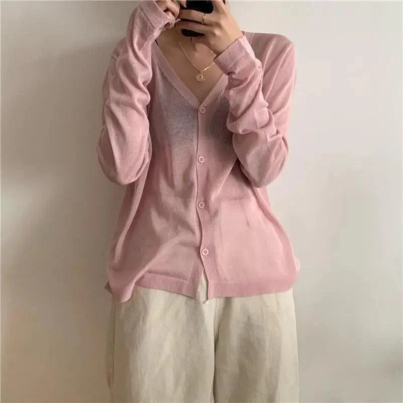 Cardigan For Women Long Sleeve Cardigan Summer Cropped Cardigan Knitted V neck Thin Ice Silk Sweaters Sunscreen Shirt Tops Stevvex