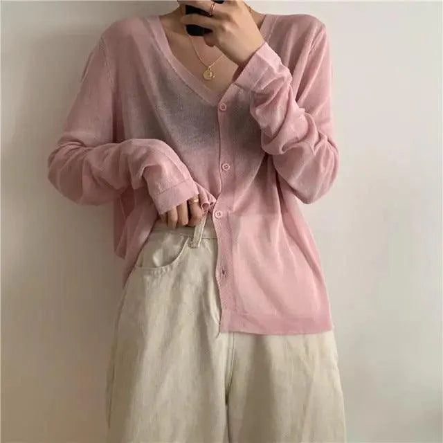 Cardigan For Women Long Sleeve Cardigan Summer Cropped Cardigan Knitted V neck Thin Ice Silk Sweaters Sunscreen Shirt Tops Stevvex