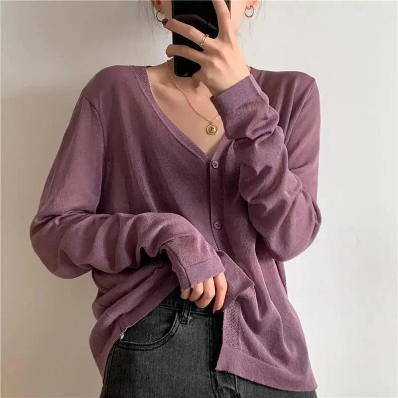 Cardigan For Women Long Sleeve Cardigan Summer Cropped Cardigan Knitted V neck Thin Ice Silk Sweaters Sunscreen Shirt Tops Stevvex