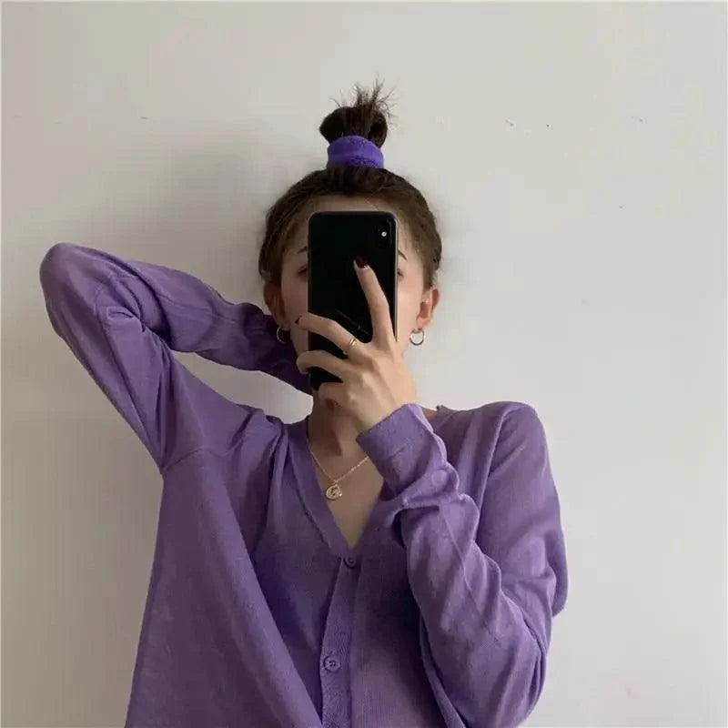 Cardigan For Women Long Sleeve Cardigan Summer Cropped Cardigan Knitted V neck Thin Ice Silk Sweaters Sunscreen Shirt Tops Stevvex