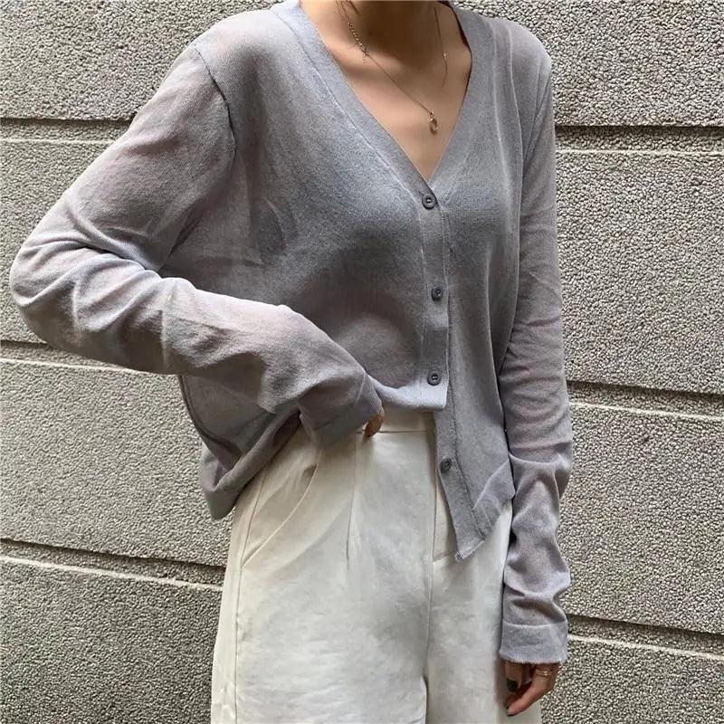 Cardigan For Women Long Sleeve Cardigan Summer Cropped Cardigan Knitted V neck Thin Ice Silk Sweaters Sunscreen Shirt Tops Stevvex