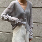 Cardigan For Women Long Sleeve Cardigan Summer Cropped Cardigan Knitted V neck Thin Ice Silk Sweaters Sunscreen Shirt Tops Stevvex