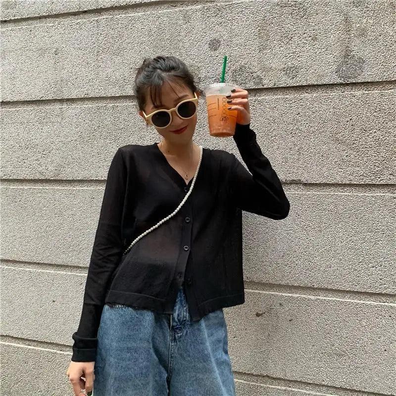 Cardigan For Women Long Sleeve Cardigan Summer Cropped Cardigan Knitted V neck Thin Ice Silk Sweaters Sunscreen Shirt Tops Stevvex