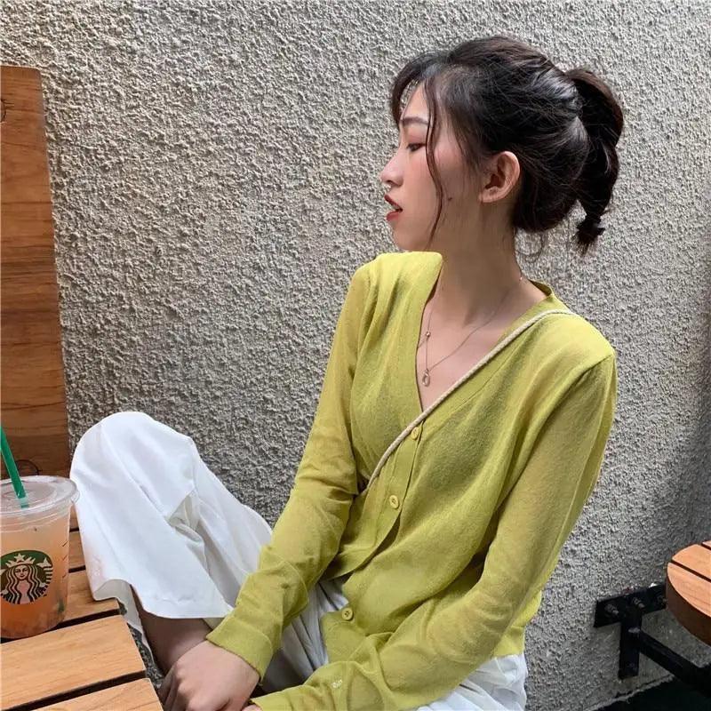 Cardigan For Women Long Sleeve Cardigan Summer Cropped Cardigan Knitted V neck Thin Ice Silk Sweaters Sunscreen Shirt Tops Stevvex