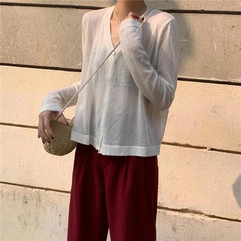 Cardigan For Women Long Sleeve Cardigan Summer Cropped Cardigan Knitted V neck Thin Ice Silk Sweaters Sunscreen Shirt Tops Stevvex