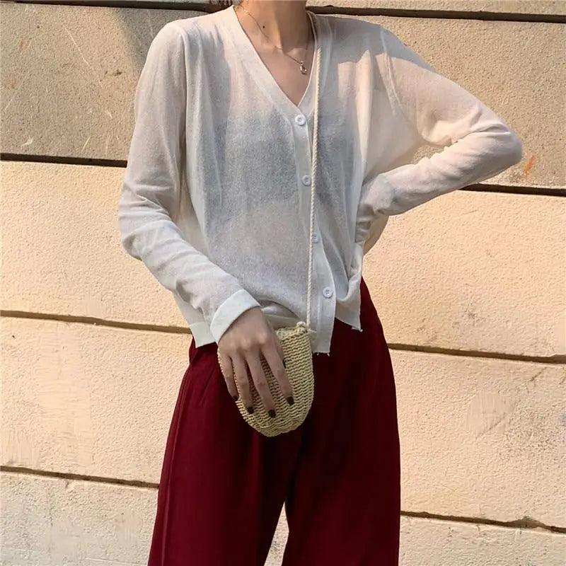 Cardigan For Women Long Sleeve Cardigan Summer Cropped Cardigan Knitted V neck Thin Ice Silk Sweaters Sunscreen Shirt Tops Stevvex