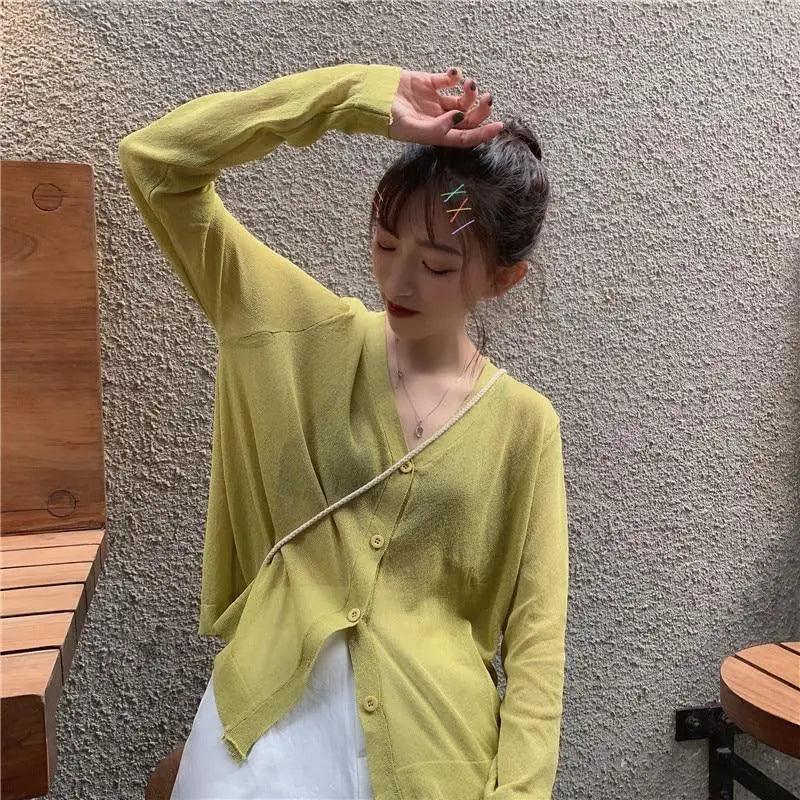 Cardigan For Women Long Sleeve Cardigan Summer Cropped Cardigan Knitted V neck Thin Ice Silk Sweaters Sunscreen Shirt Tops Stevvex