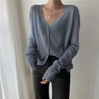 Cardigan For Women Long Sleeve Cardigan Summer Cropped Cardigan Knitted V neck Thin Ice Silk Sweaters Sunscreen Shirt Tops Stevvex