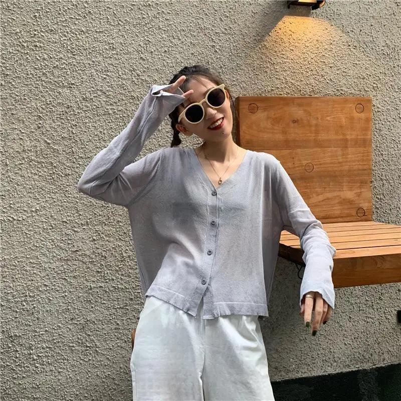 Cardigan For Women Long Sleeve Cardigan Summer Cropped Cardigan Knitted V neck Thin Ice Silk Sweaters Sunscreen Shirt Tops Stevvex