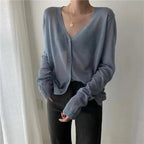 Cardigan For Women Long Sleeve Cardigan Summer Cropped Cardigan Knitted V neck Thin Ice Silk Sweaters Sunscreen Shirt Tops Stevvex