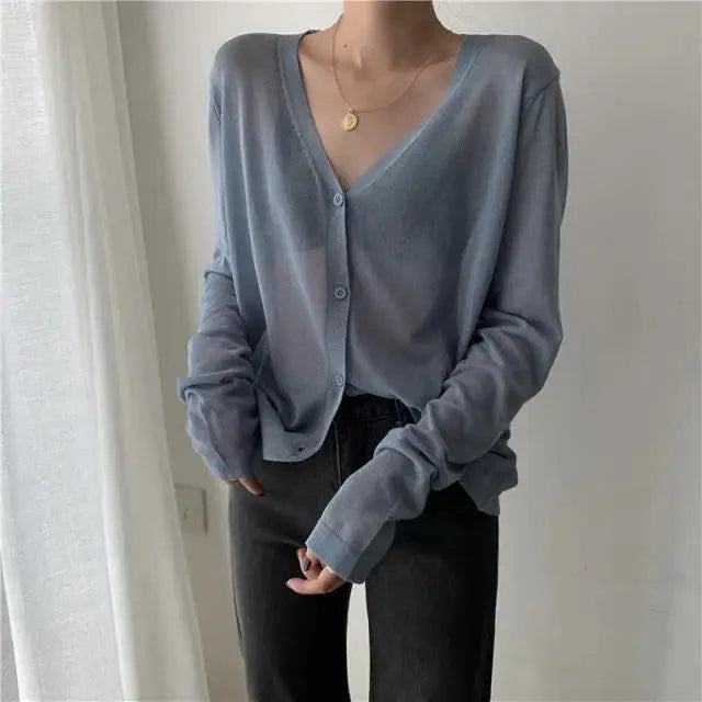 Cardigan For Women Long Sleeve Cardigan Summer Cropped Cardigan Knitted V neck Thin Ice Silk Sweaters Sunscreen Shirt Tops Stevvex