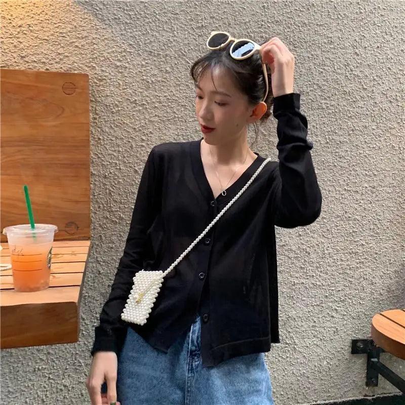 Cardigan For Women Long Sleeve Cardigan Summer Cropped Cardigan Knitted V neck Thin Ice Silk Sweaters Sunscreen Shirt Tops Stevvex