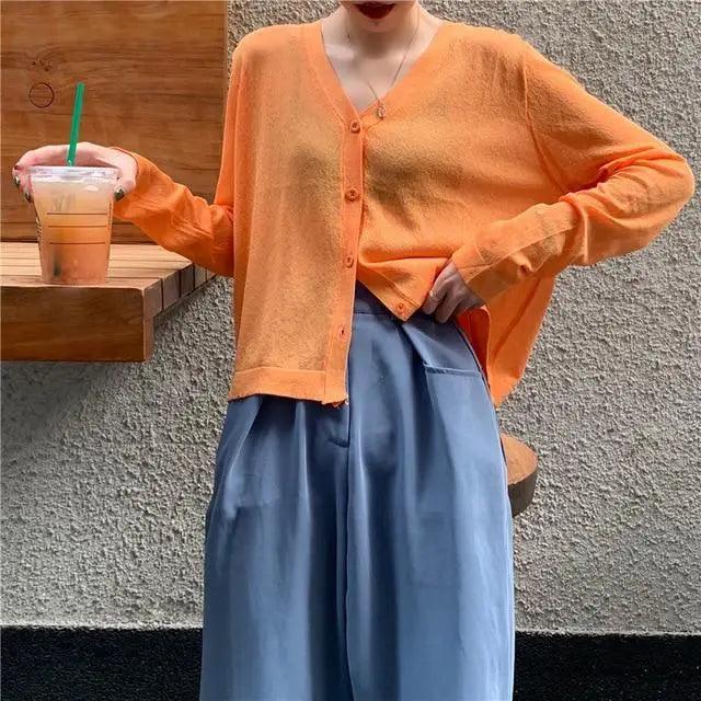 Cardigan For Women Long Sleeve Cardigan Summer Cropped Cardigan Knitted V neck Thin Ice Silk Sweaters Sunscreen Shirt Tops Stevvex