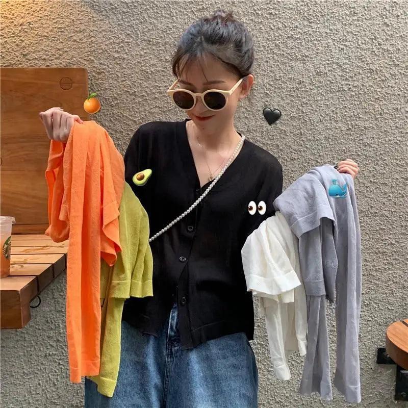 Cardigan For Women Long Sleeve Cardigan Summer Cropped Cardigan Knitted V neck Thin Ice Silk Sweaters Sunscreen Shirt Tops Stevvex