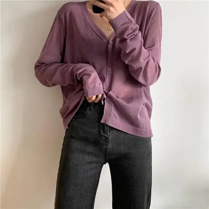 Cardigan For Women Long Sleeve Cardigan Summer Cropped Cardigan Knitted V neck Thin Ice Silk Sweaters Sunscreen Shirt Tops Stevvex