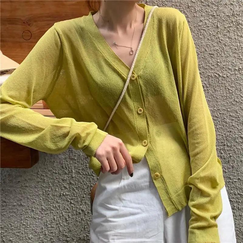 Cardigan For Women Long Sleeve Cardigan Summer Cropped Cardigan Knitted V neck Thin Ice Silk Sweaters Sunscreen Shirt Tops Stevvex