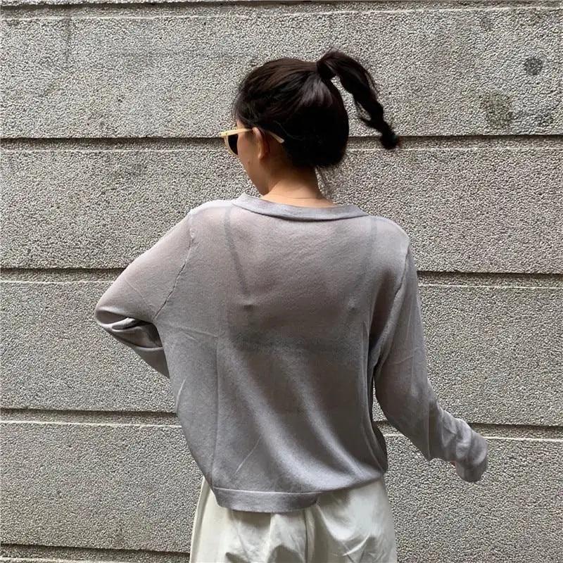 Cardigan For Women Long Sleeve Cardigan Summer Cropped Cardigan Knitted V neck Thin Ice Silk Sweaters Sunscreen Shirt Tops Stevvex