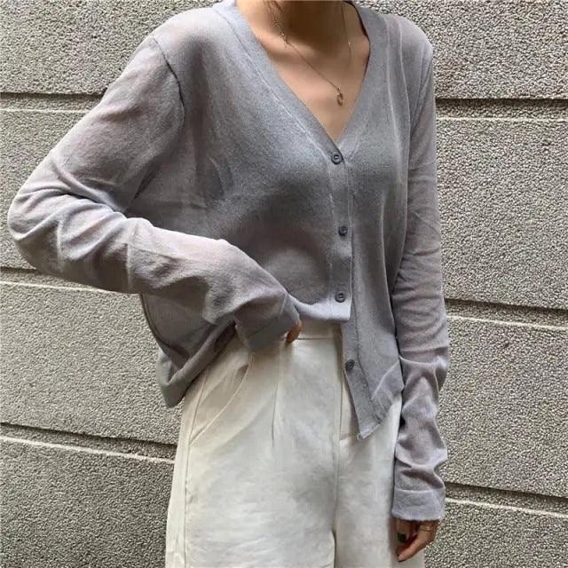 Cardigan For Women Long Sleeve Cardigan Summer Cropped Cardigan Knitted V neck Thin Ice Silk Sweaters Sunscreen Shirt Tops Stevvex