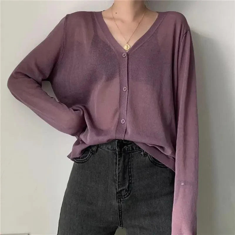 Cardigan For Women Long Sleeve Cardigan Summer Cropped Cardigan Knitted V neck Thin Ice Silk Sweaters Sunscreen Shirt Tops Stevvex
