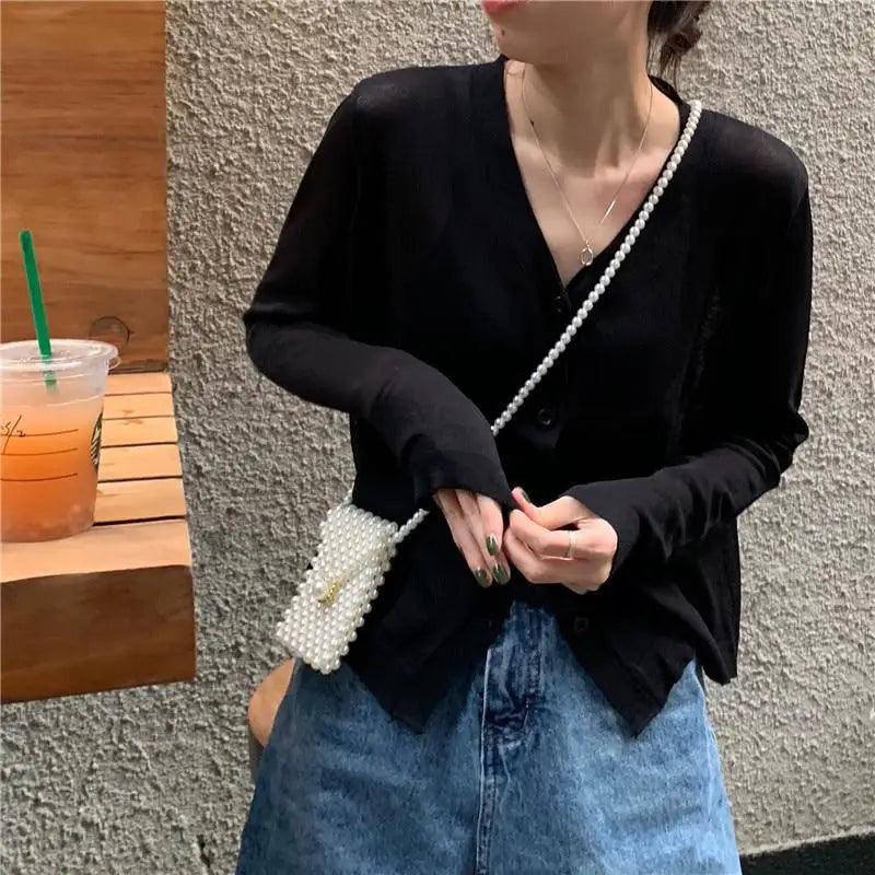 Cardigan For Women Long Sleeve Cardigan Summer Cropped Cardigan Knitted V neck Thin Ice Silk Sweaters Sunscreen Shirt Tops Stevvex