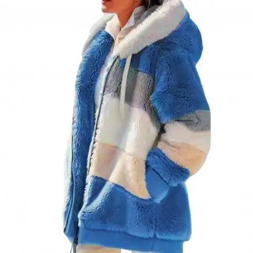 Plus Size Jacket Women Autumn Winter Long Sleeve Color Block Zipper Fluff Hooded Warm Coat Jacket Stevvex