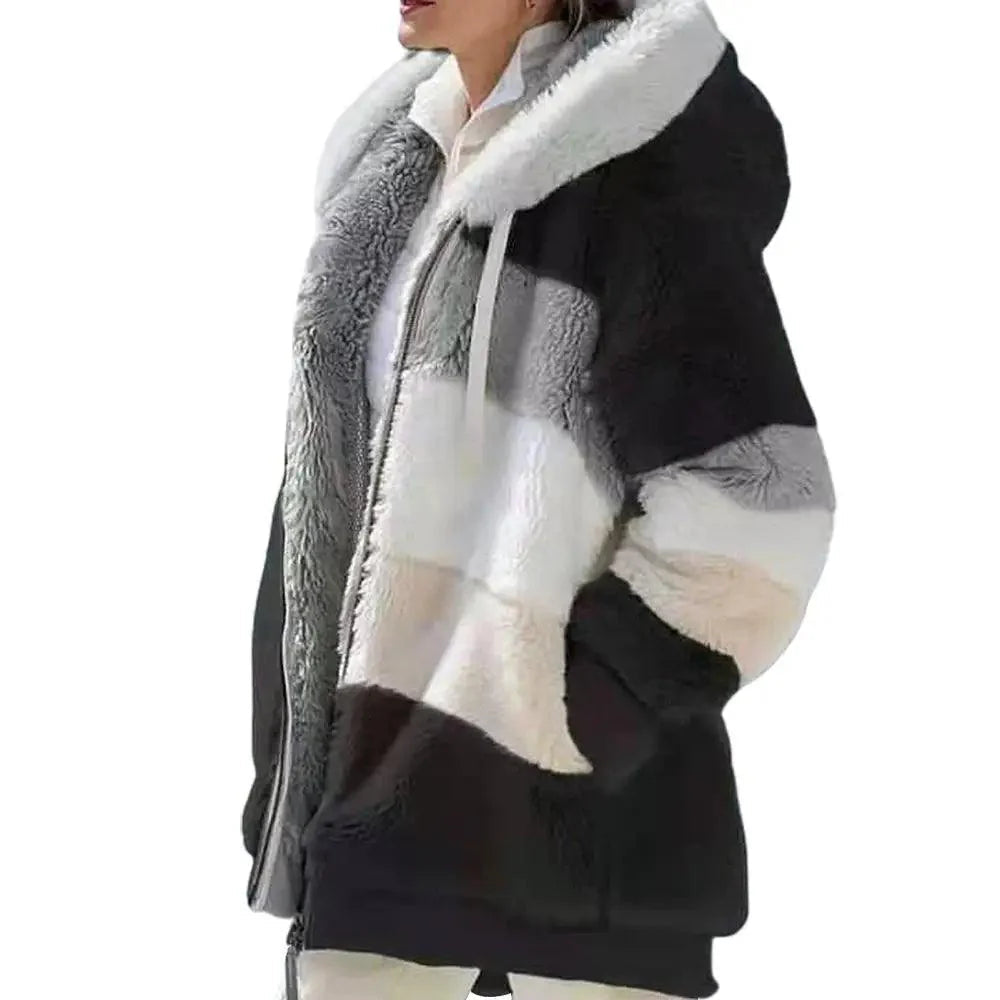 Plus Size Jacket Women Autumn Winter Long Sleeve Color Block Zipper Fluff Hooded Warm Coat Jacket Stevvex
