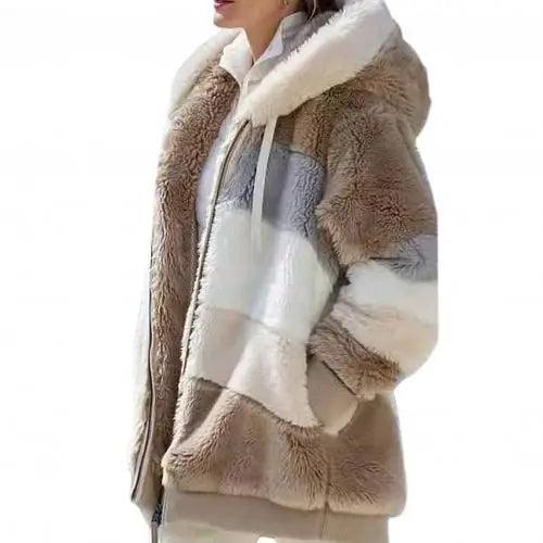 Plus Size Jacket Women Autumn Winter Long Sleeve Color Block Zipper Fluff Hooded Warm Coat Jacket Stevvex