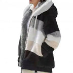 Plus Size Jacket Women Autumn Winter Long Sleeve Color Block Zipper Fluff Hooded Warm Coat Jacket Stevvex