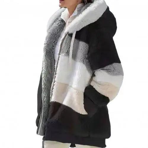 Plus Size Jacket Women Autumn Winter Long Sleeve Color Block Zipper Fluff Hooded Warm Coat Jacket Stevvex